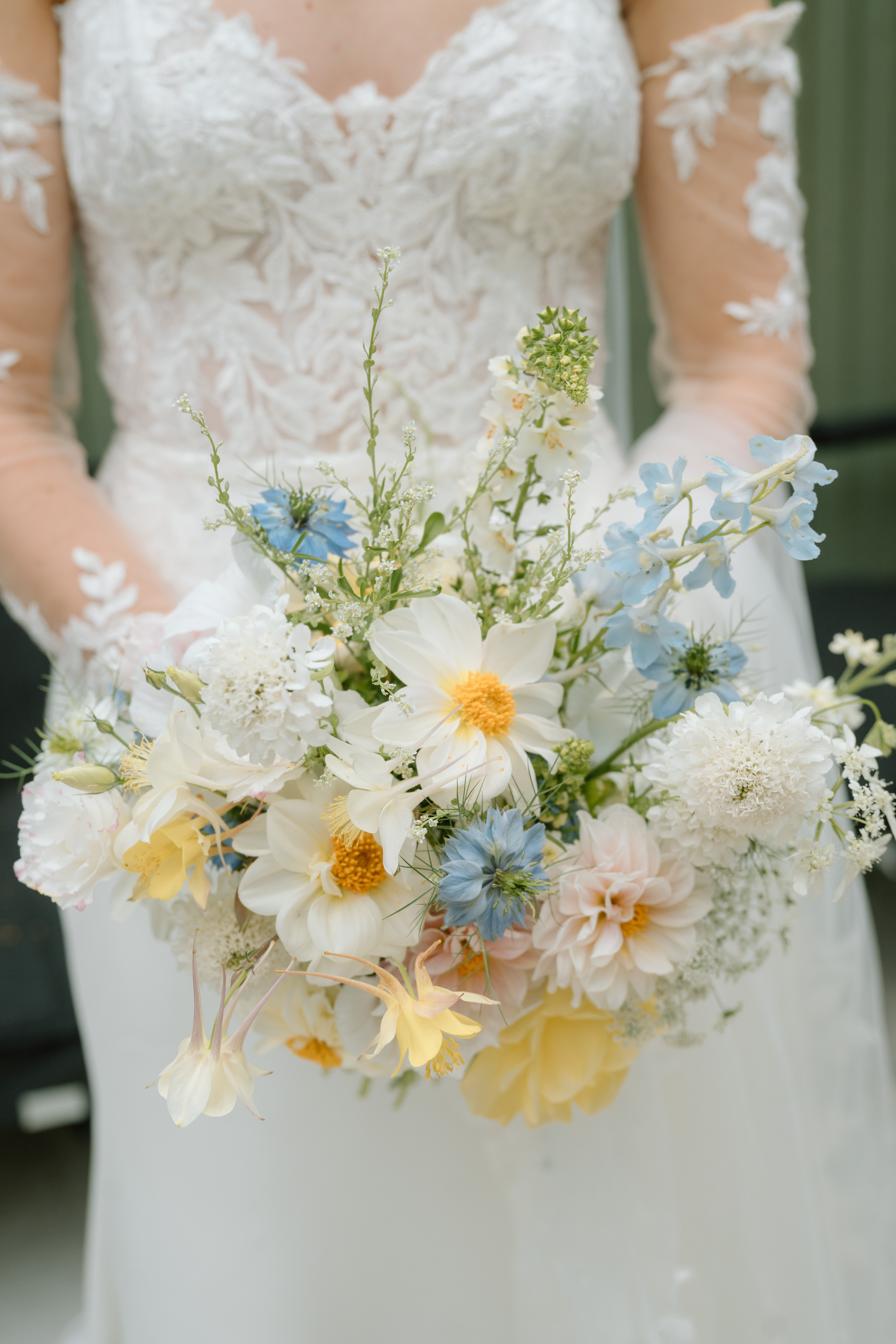 IMG_2116 (1) brides bouquet close up - dahlia, delphinium, nigella, aquilegia